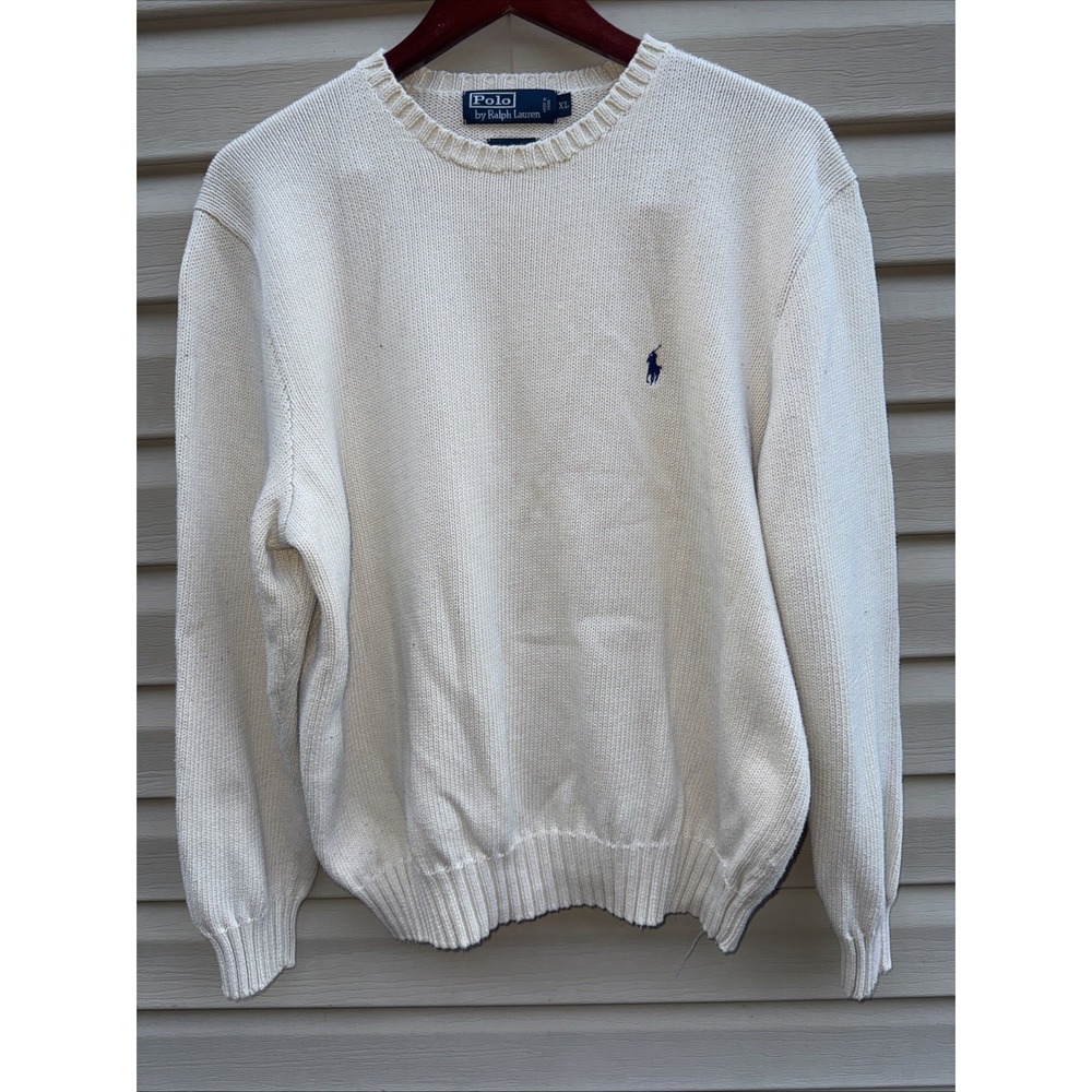 VTG Polo Ralph Lauren Sweater Mens XL White  Crewneck 100% Cotton Blue   Pony